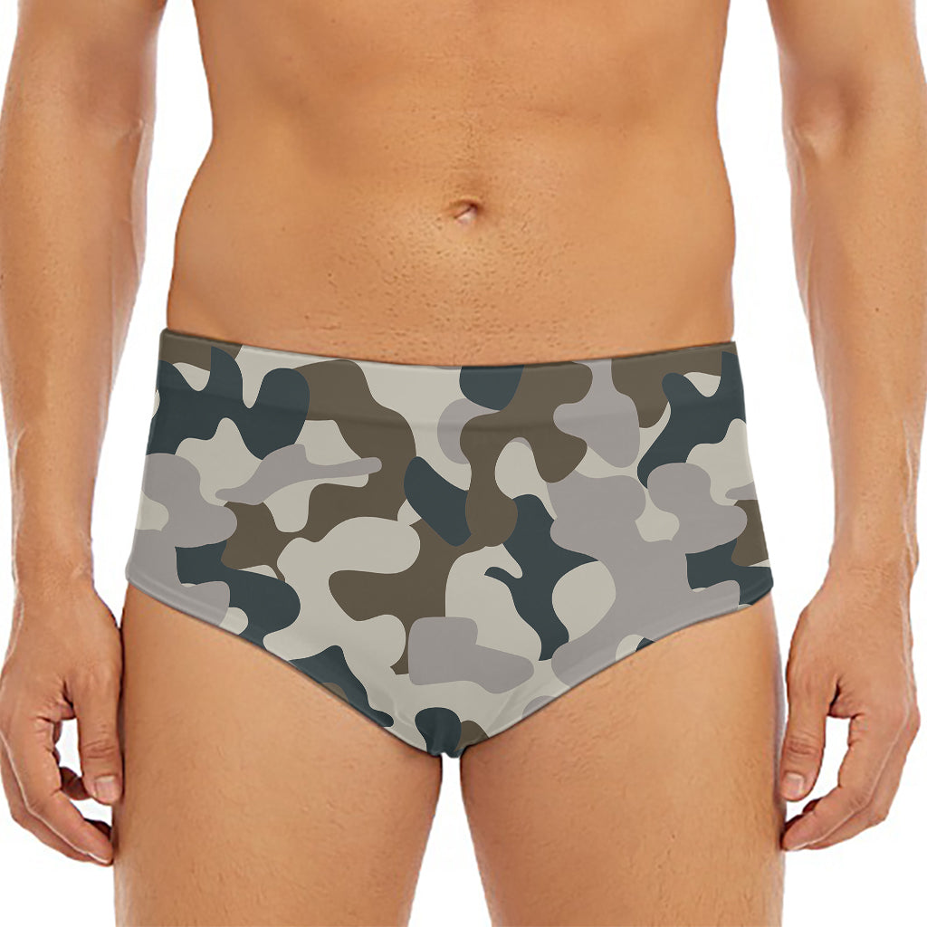 Grey And Brown Camouflage Print Men's Triangle Swim Briefs
