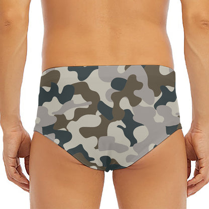 Grey And Brown Camouflage Print Men's Triangle Swim Briefs