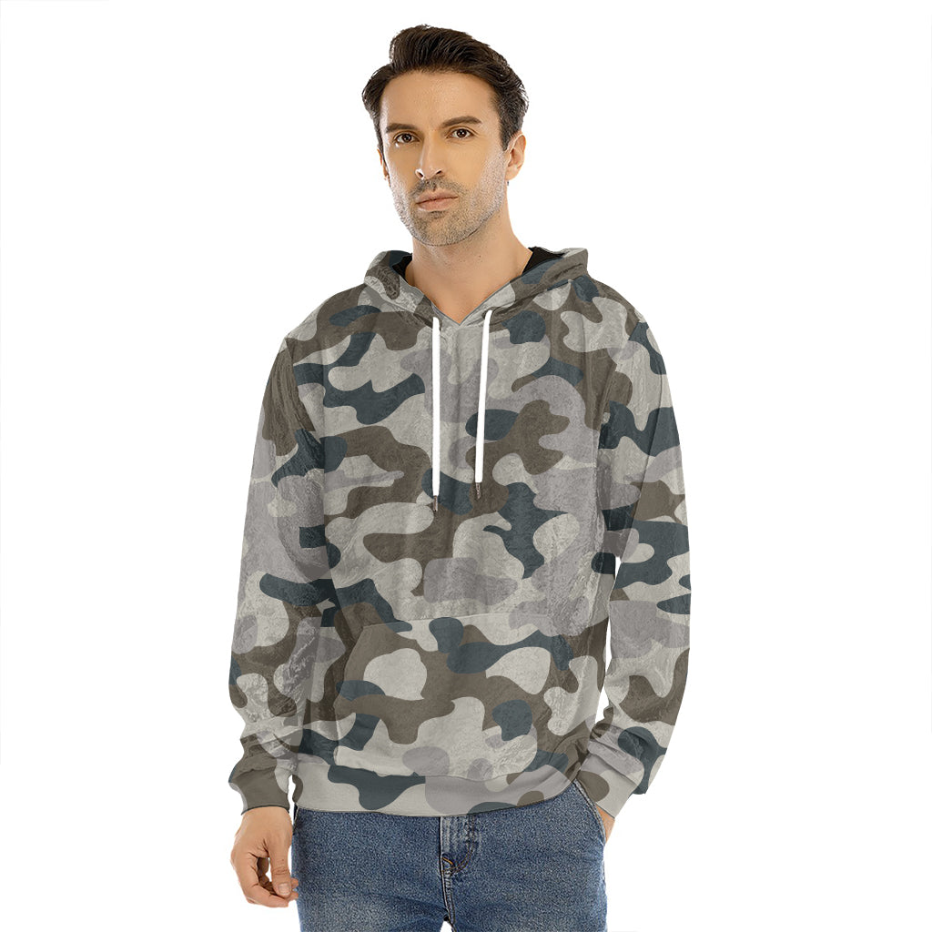 Grey And Brown Camouflage Print Men's Velvet Pullover Hoodie