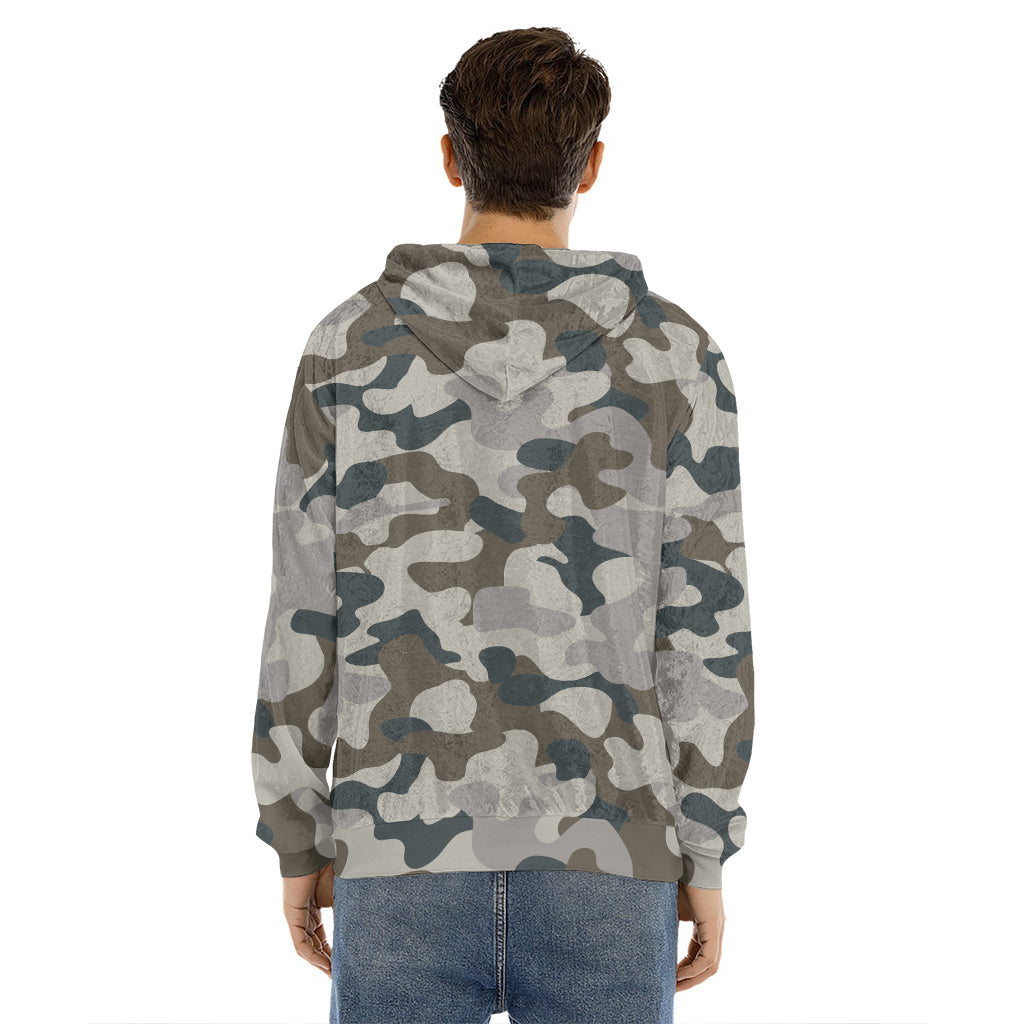 Grey And Brown Camouflage Print Men's Velvet Pullover Hoodie