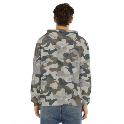 Grey And Brown Camouflage Print Men's Velvet Pullover Hoodie