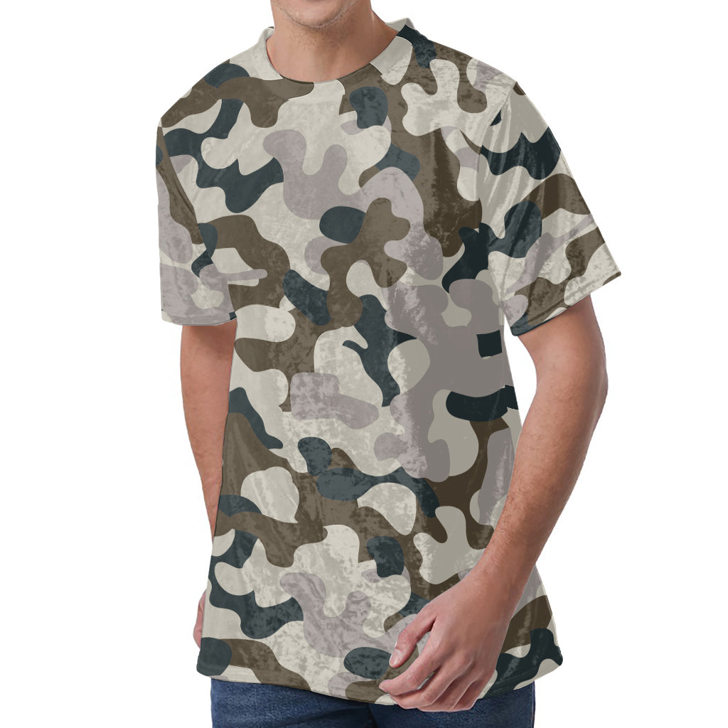 Grey And Brown Camouflage Print Men's Velvet T-Shirt