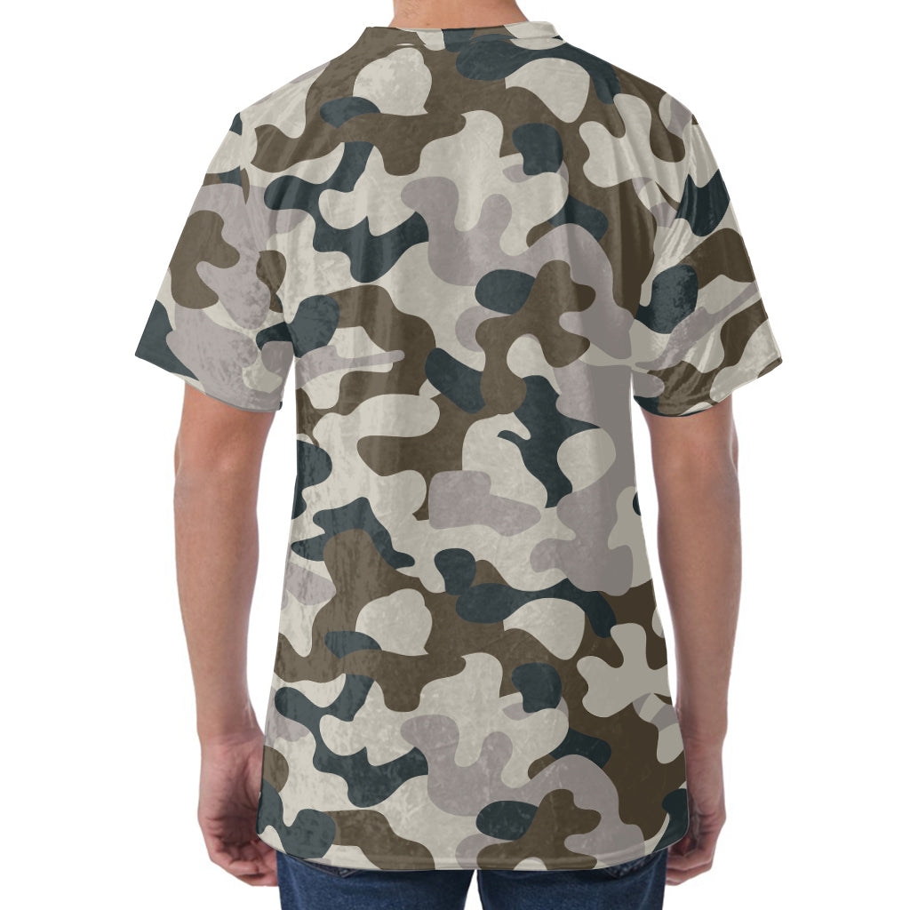 Grey And Brown Camouflage Print Men's Velvet T-Shirt