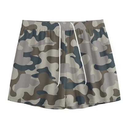 Grey And Brown Camouflage Print Mesh Shorts