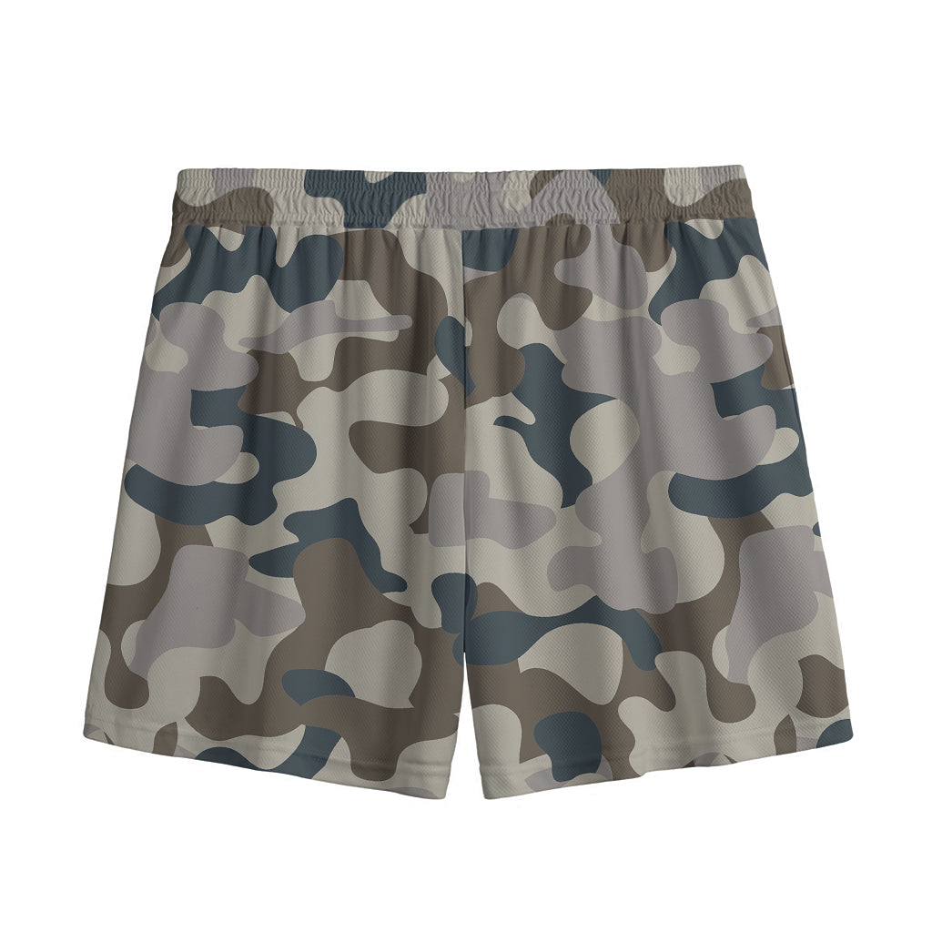 Grey And Brown Camouflage Print Mesh Shorts