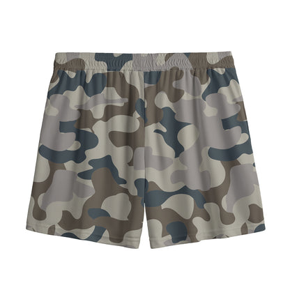 Grey And Brown Camouflage Print Mesh Shorts