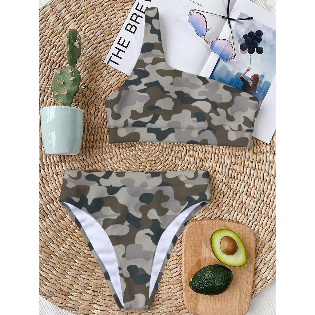 Grey And Brown Camouflage Print One Shoulder Bikini Top