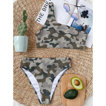 Grey And Brown Camouflage Print One Shoulder Bikini Top