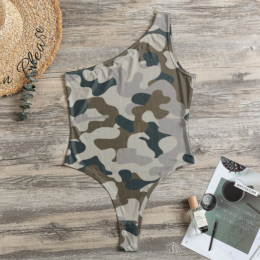 Grey And Brown Camouflage Print One Shoulder Bodysuit