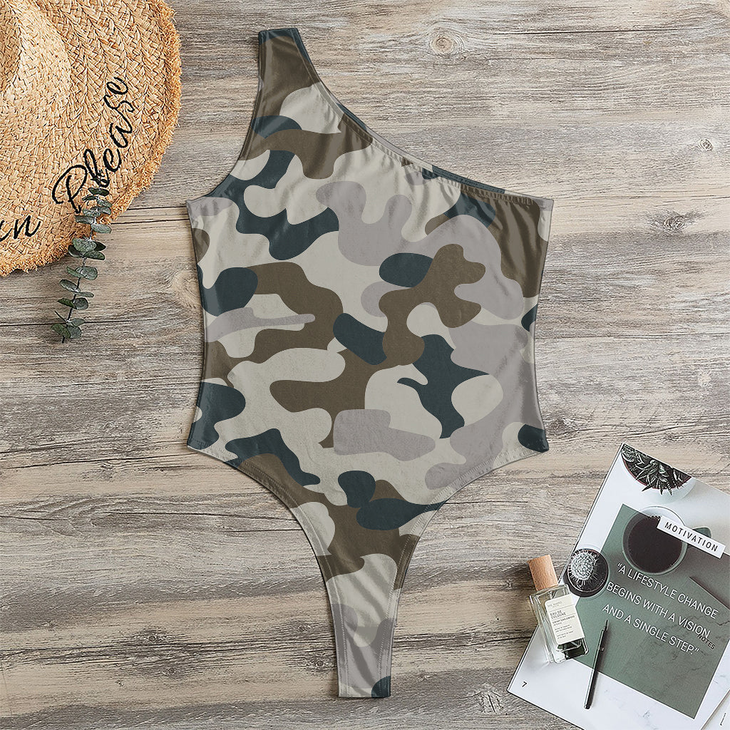 Grey And Brown Camouflage Print One Shoulder Bodysuit