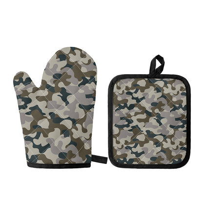 Grey And Brown Camouflage Print Oven Mitt And Pot Holder Set
