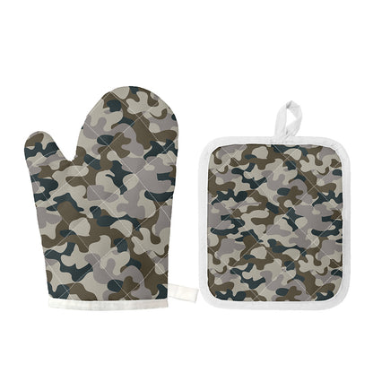 Grey And Brown Camouflage Print Oven Mitt And Pot Holder Set