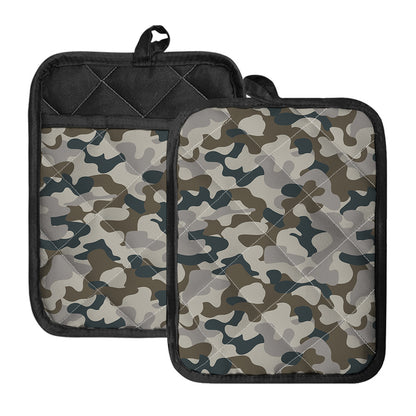 Grey And Brown Camouflage Print Pot Holders With Pocket