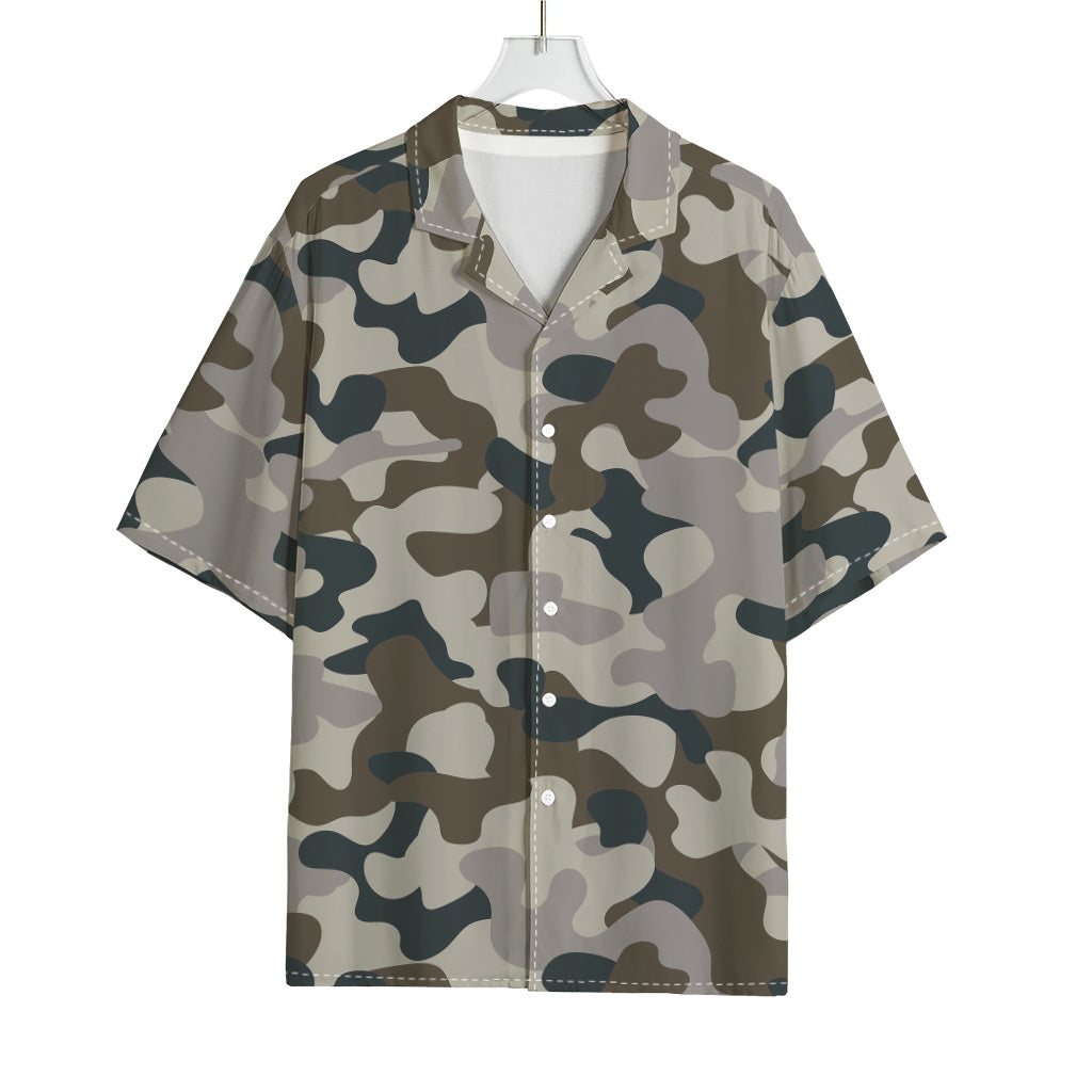 Grey And Brown Camouflage Print Rayon Hawaiian Shirt