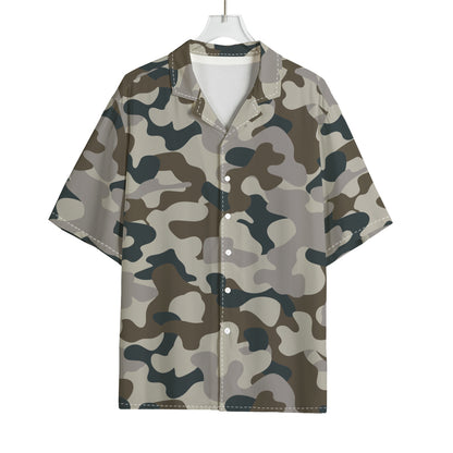 Grey And Brown Camouflage Print Rayon Hawaiian Shirt