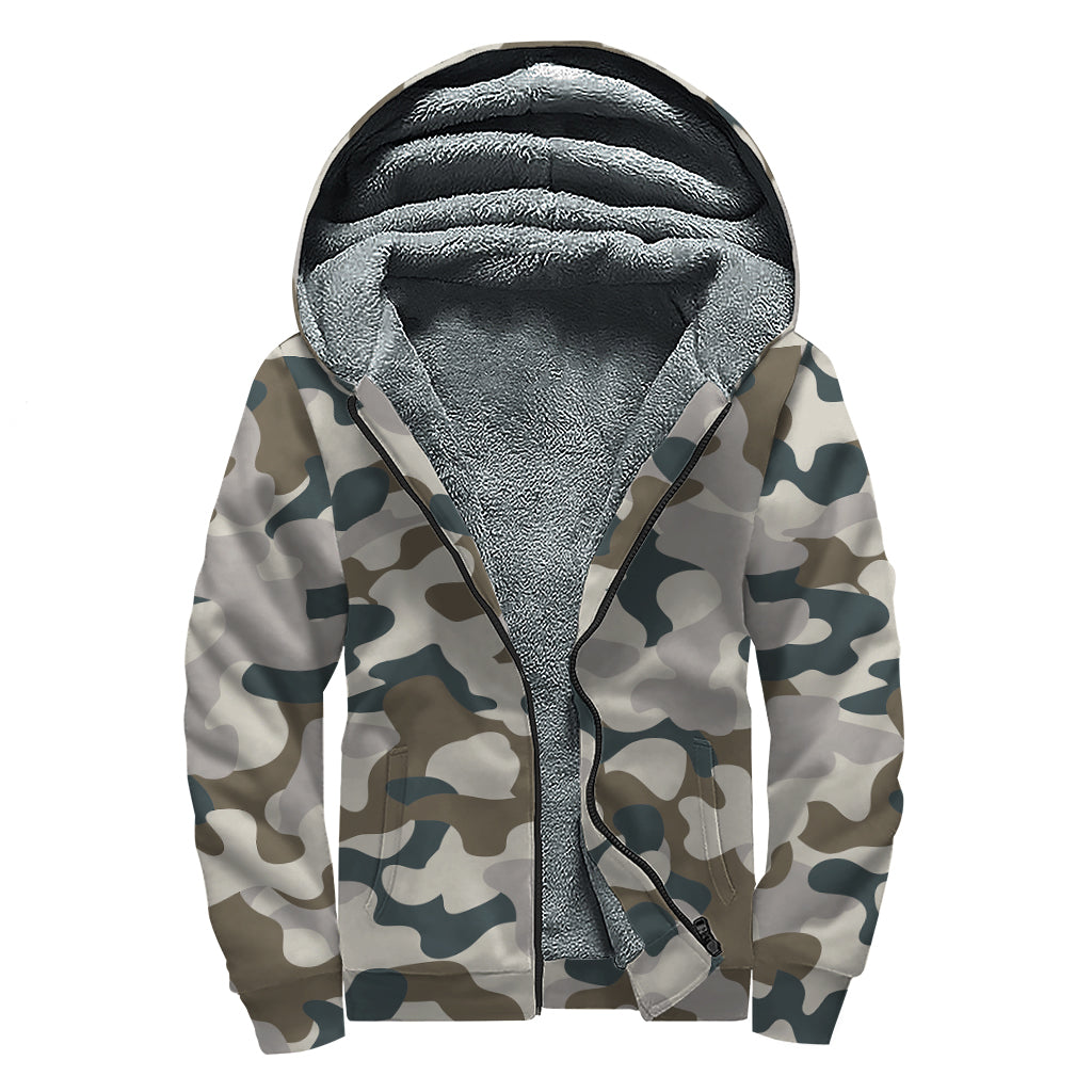 Grey And Brown Camouflage Print Sherpa Lined Zip Up Hoodie