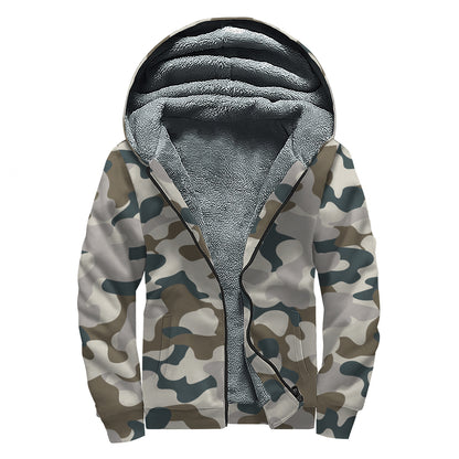 Grey And Brown Camouflage Print Sherpa Lined Zip Up Hoodie