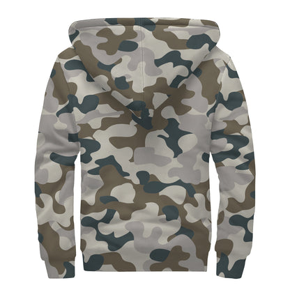 Grey And Brown Camouflage Print Sherpa Lined Zip Up Hoodie