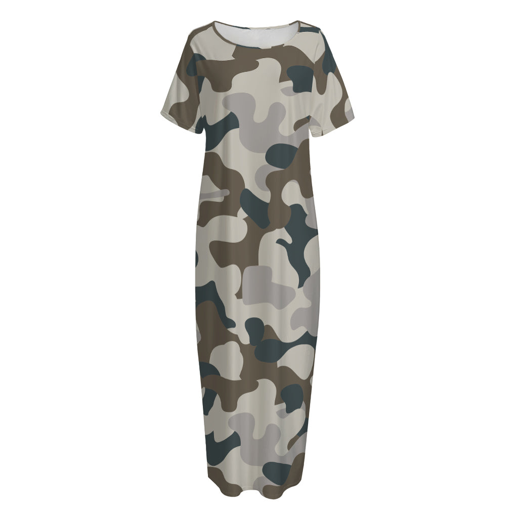 Grey And Brown Camouflage Print Short Sleeve Long Nightdress