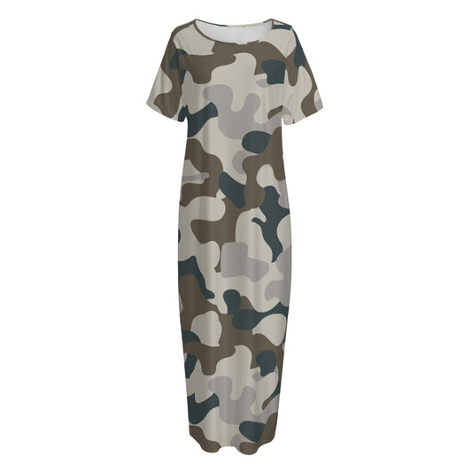 Grey And Brown Camouflage Print Short Sleeve Long Nightdress
