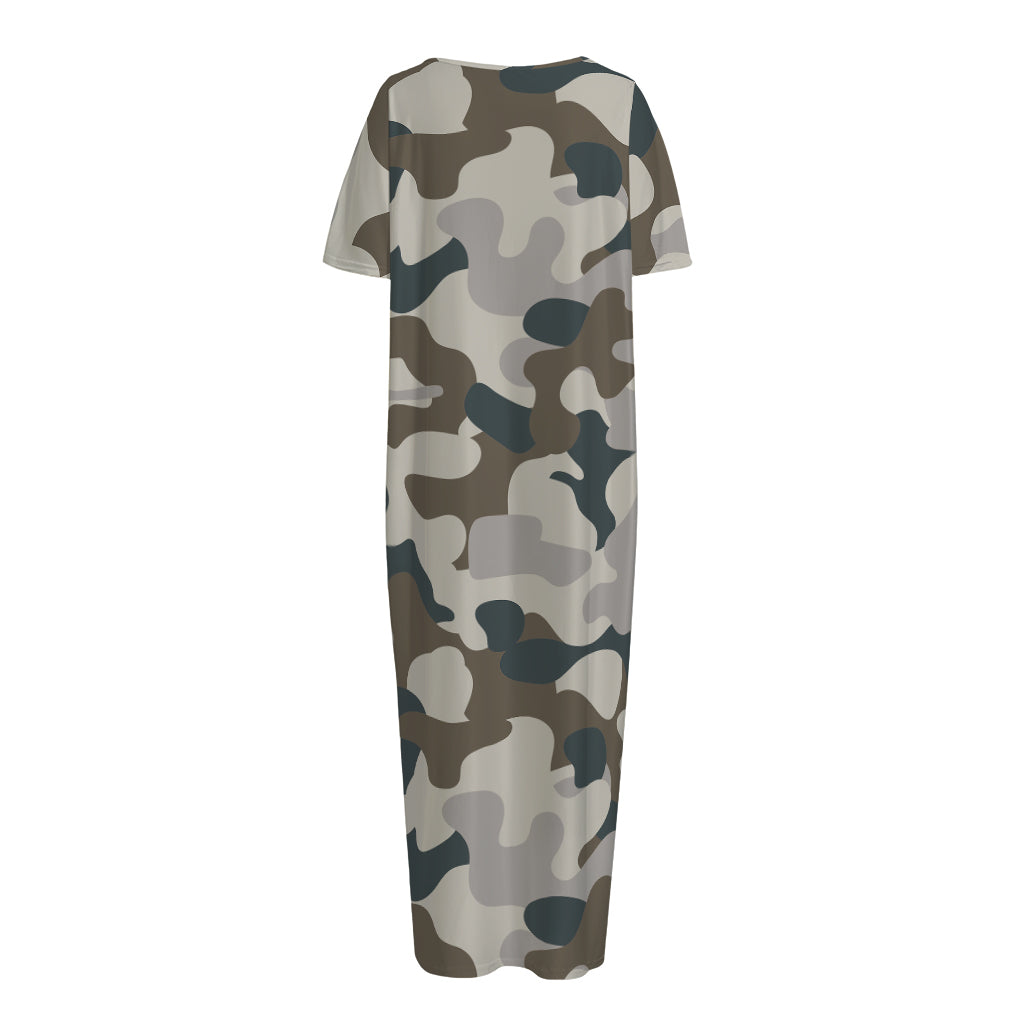 Grey And Brown Camouflage Print Short Sleeve Long Nightdress