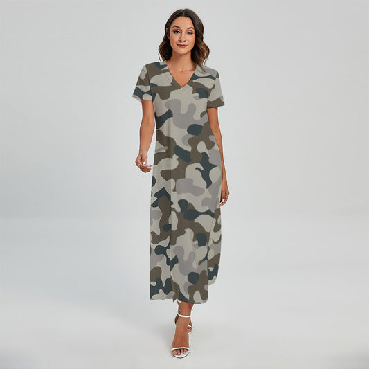 Grey And Brown Camouflage Print Short Sleeve Maxi Dress