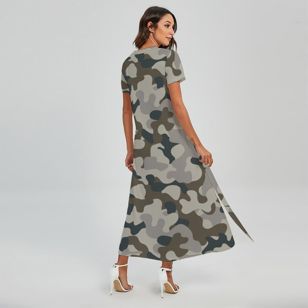 Grey And Brown Camouflage Print Short Sleeve Maxi Dress