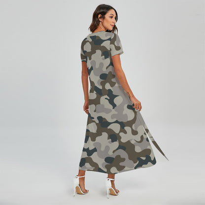 Grey And Brown Camouflage Print Short Sleeve Maxi Dress