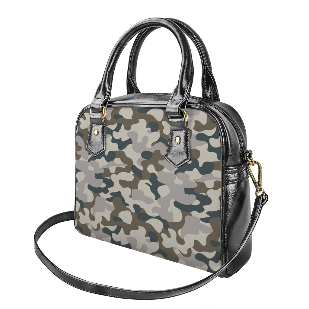 Grey And Brown Camouflage Print Shoulder Handbag