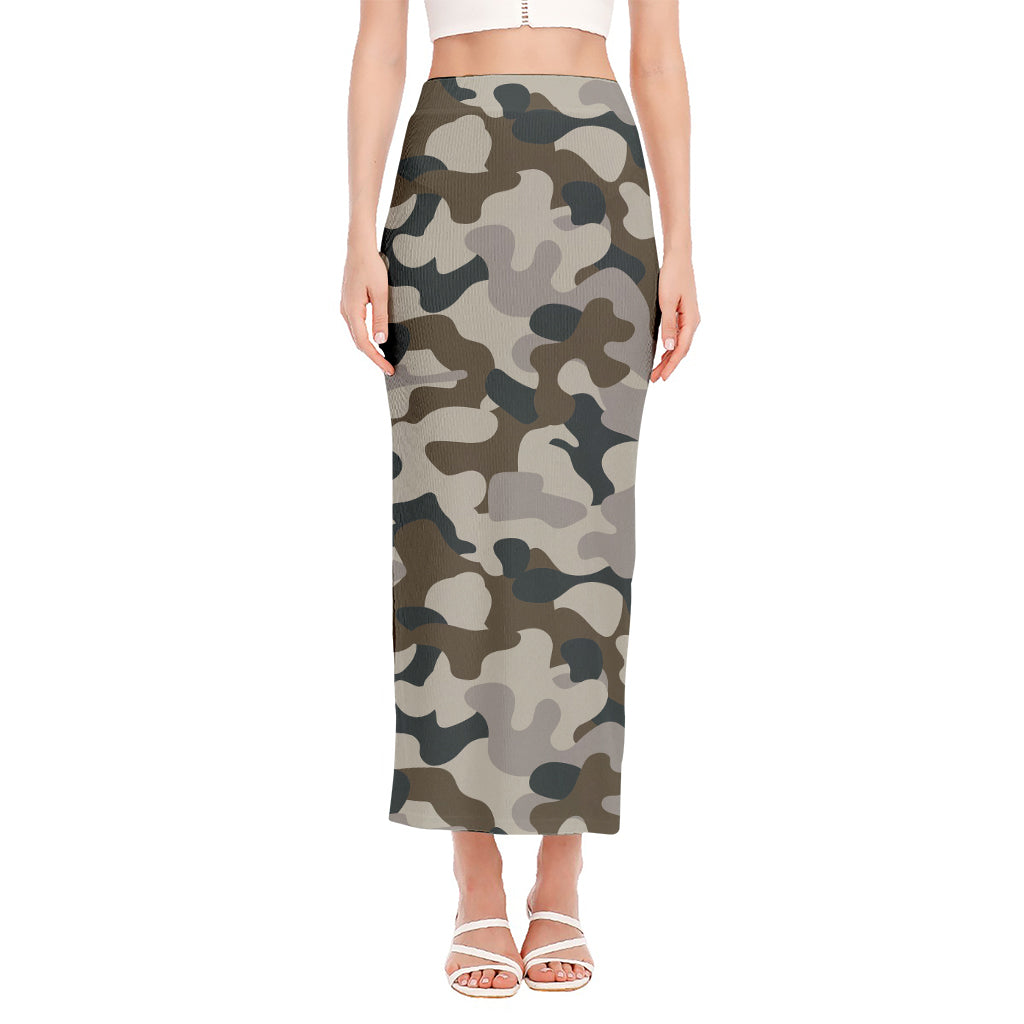 Grey And Brown Camouflage Print Side Slit Maxi Skirt