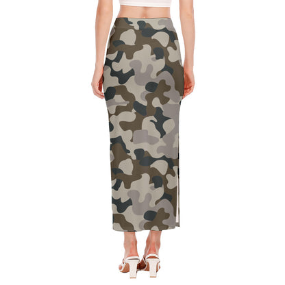 Grey And Brown Camouflage Print Side Slit Maxi Skirt