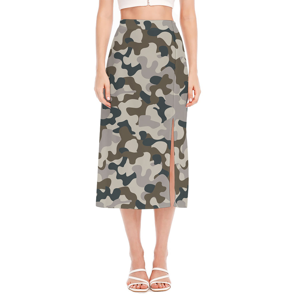 Grey And Brown Camouflage Print Side Slit Midi Skirt