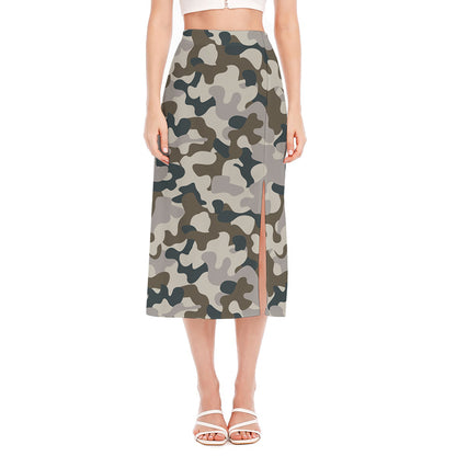 Grey And Brown Camouflage Print Side Slit Midi Skirt