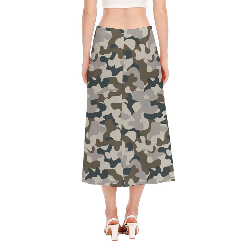 Grey And Brown Camouflage Print Side Slit Midi Skirt