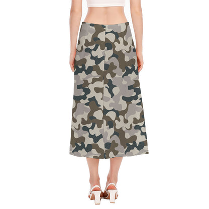 Grey And Brown Camouflage Print Side Slit Midi Skirt