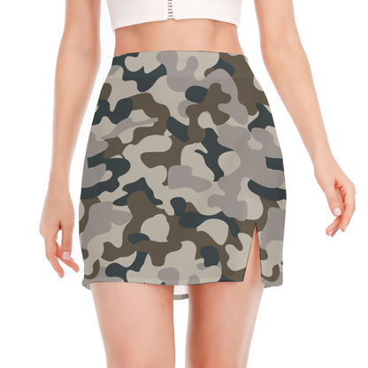 Grey And Brown Camouflage Print Side Slit Mini Skirt