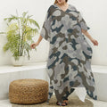 Grey And Brown Camouflage Print Silk V-Neck Kaftan Dress