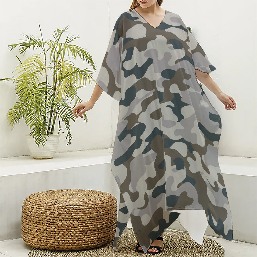 Grey And Brown Camouflage Print Silk V-Neck Kaftan Dress