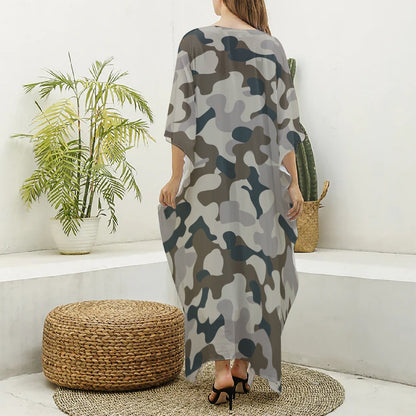 Grey And Brown Camouflage Print Silk V-Neck Kaftan Dress