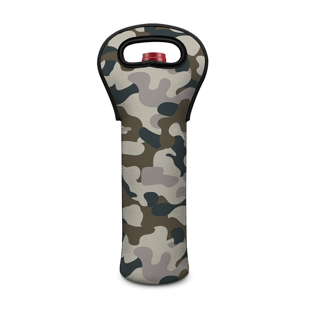 Grey And Brown Camouflage Print Single Neoprene Wine Tote