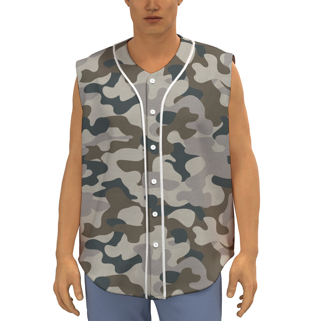 Grey And Brown Camouflage Print Sleeveless Baseball Jersey
