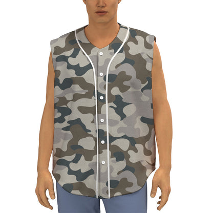 Grey And Brown Camouflage Print Sleeveless Baseball Jersey