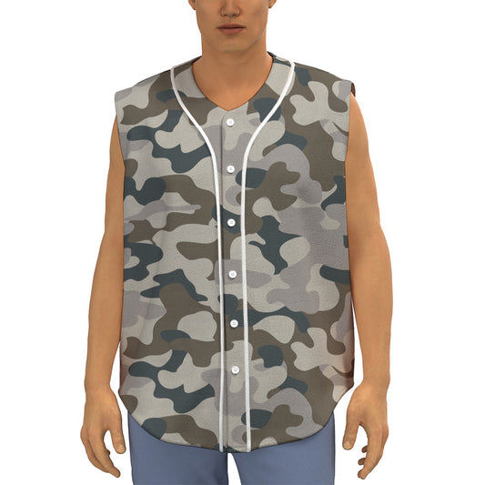 Grey And Brown Camouflage Print Sleeveless Baseball Jersey