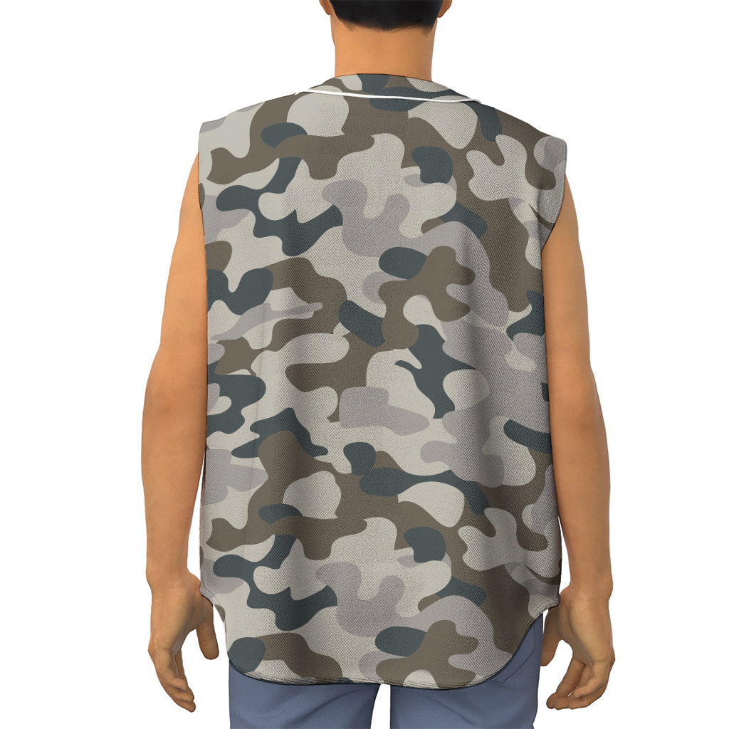 Grey And Brown Camouflage Print Sleeveless Baseball Jersey