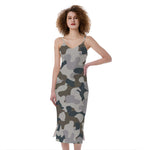 Grey And Brown Camouflage Print Slim Fit Midi Cami Dress