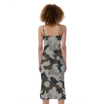 Grey And Brown Camouflage Print Slim Fit Midi Cami Dress