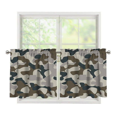 Grey And Brown Camouflage Print Tier Curtains