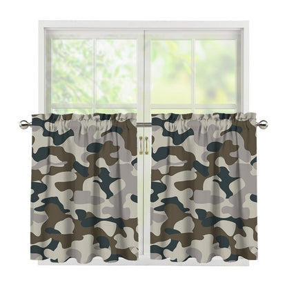 Grey And Brown Camouflage Print Tier Curtains