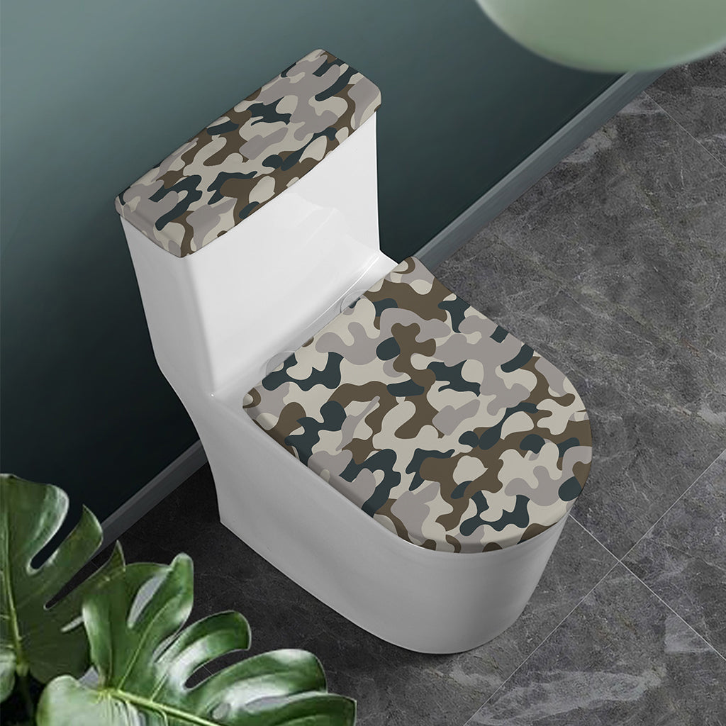 Grey And Brown Camouflage Print Toilet Lid And Tank Cover Set