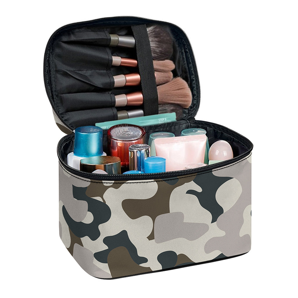 Grey And Brown Camouflage Print Travel Makeup Bag